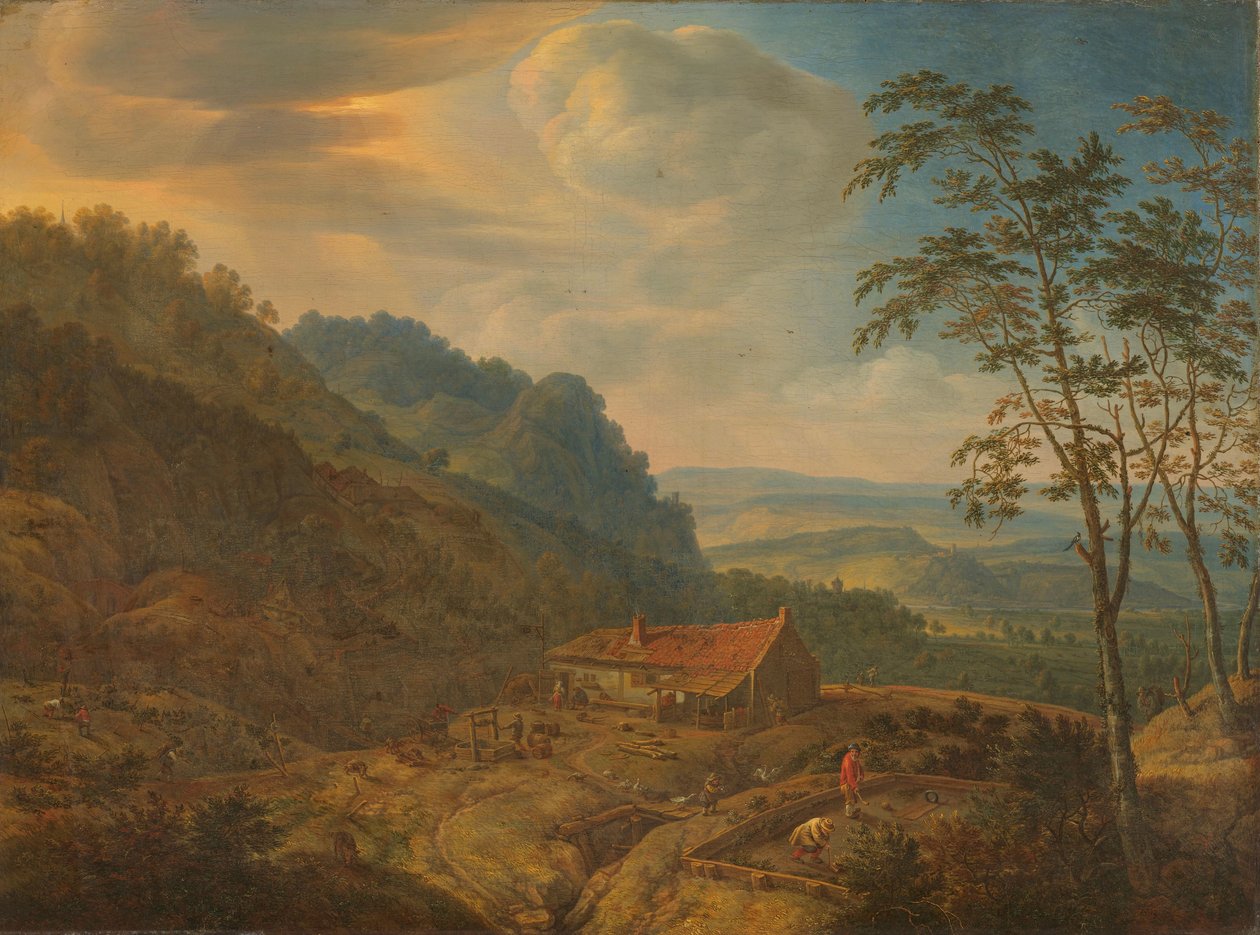 Gebirgige Landschaft mit Bauernhof von Herman Saftleven