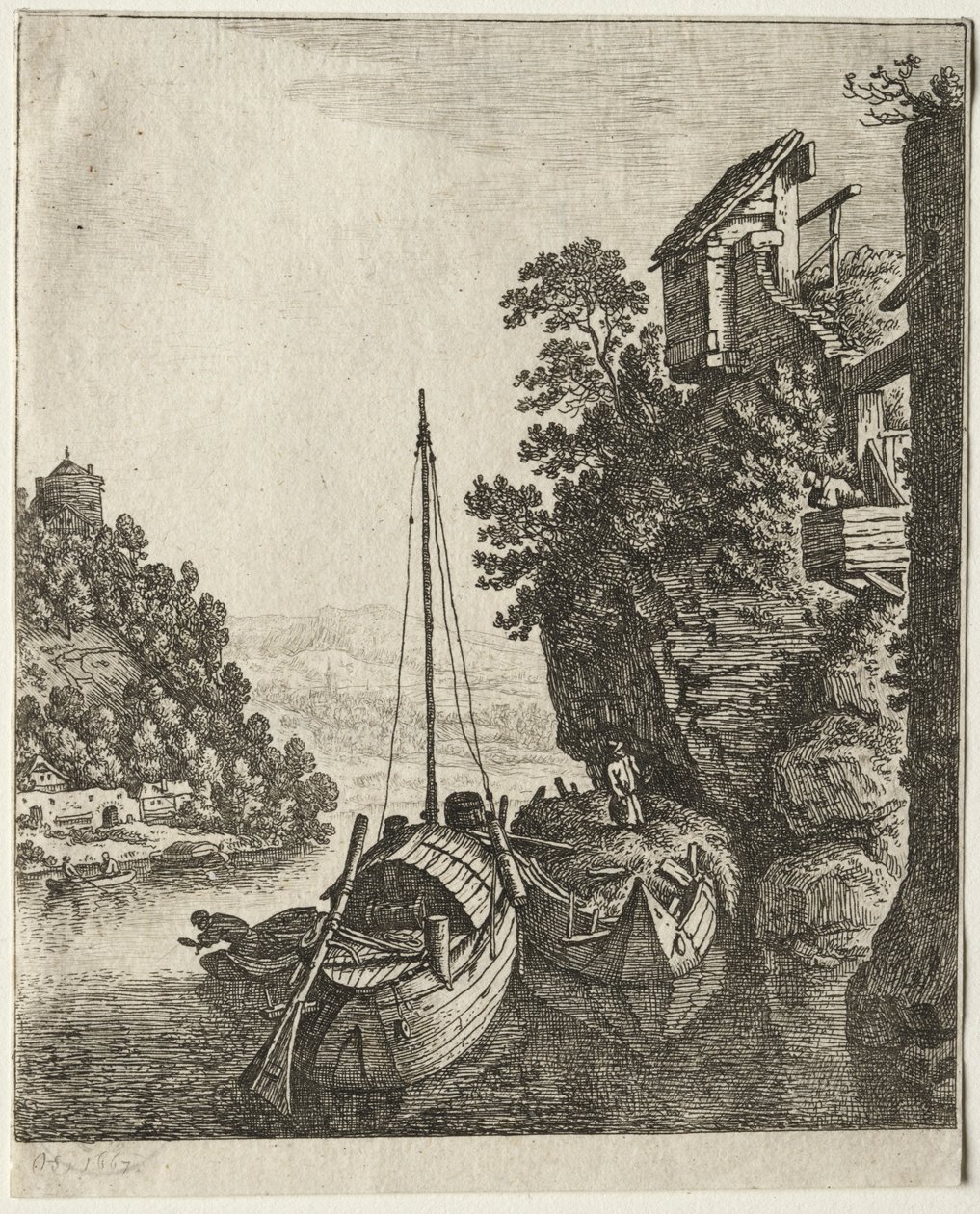 Zwei Boote unter einem Felsen vertäut, 1667 von Herman Saftleven