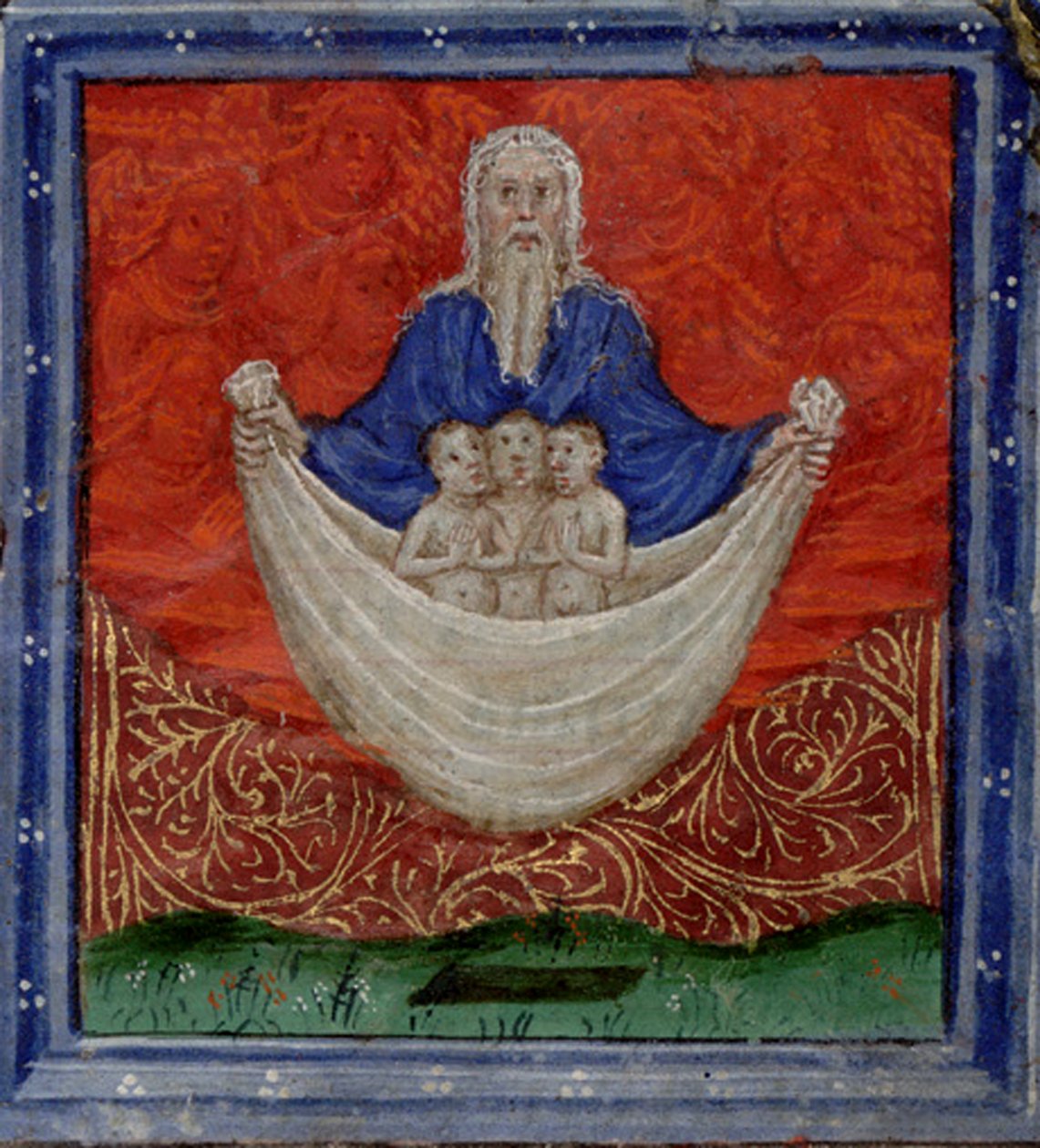 Gott der Vater mit drei Seelen, die aus den Toten auferweckt werden, Stundenbuch, ca. 1410 von Herman Scheerre