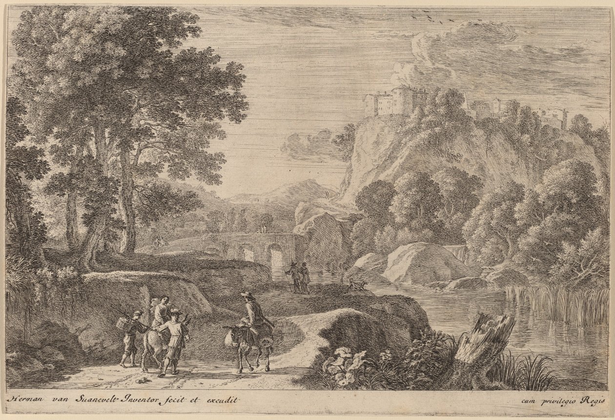 Reisende auf der Straße links von einem Bach von Herman van Swanevelt