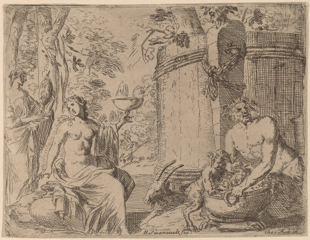 Zwei Nymphen und ein Satyr vor einem großen Fass von Herman van Swanevelt