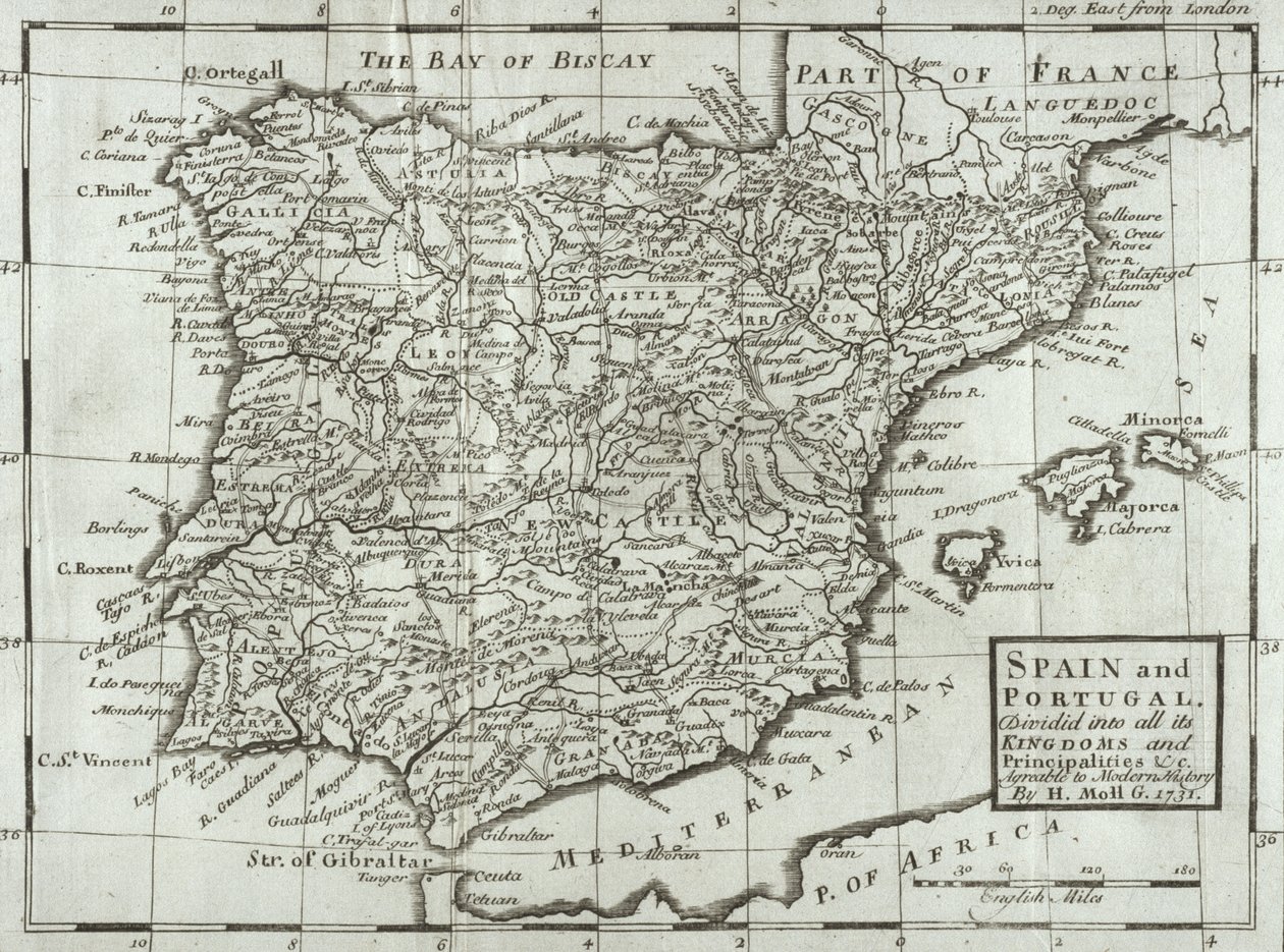 Karte von Spanien und Portugal, 1731 von Hermann Moll