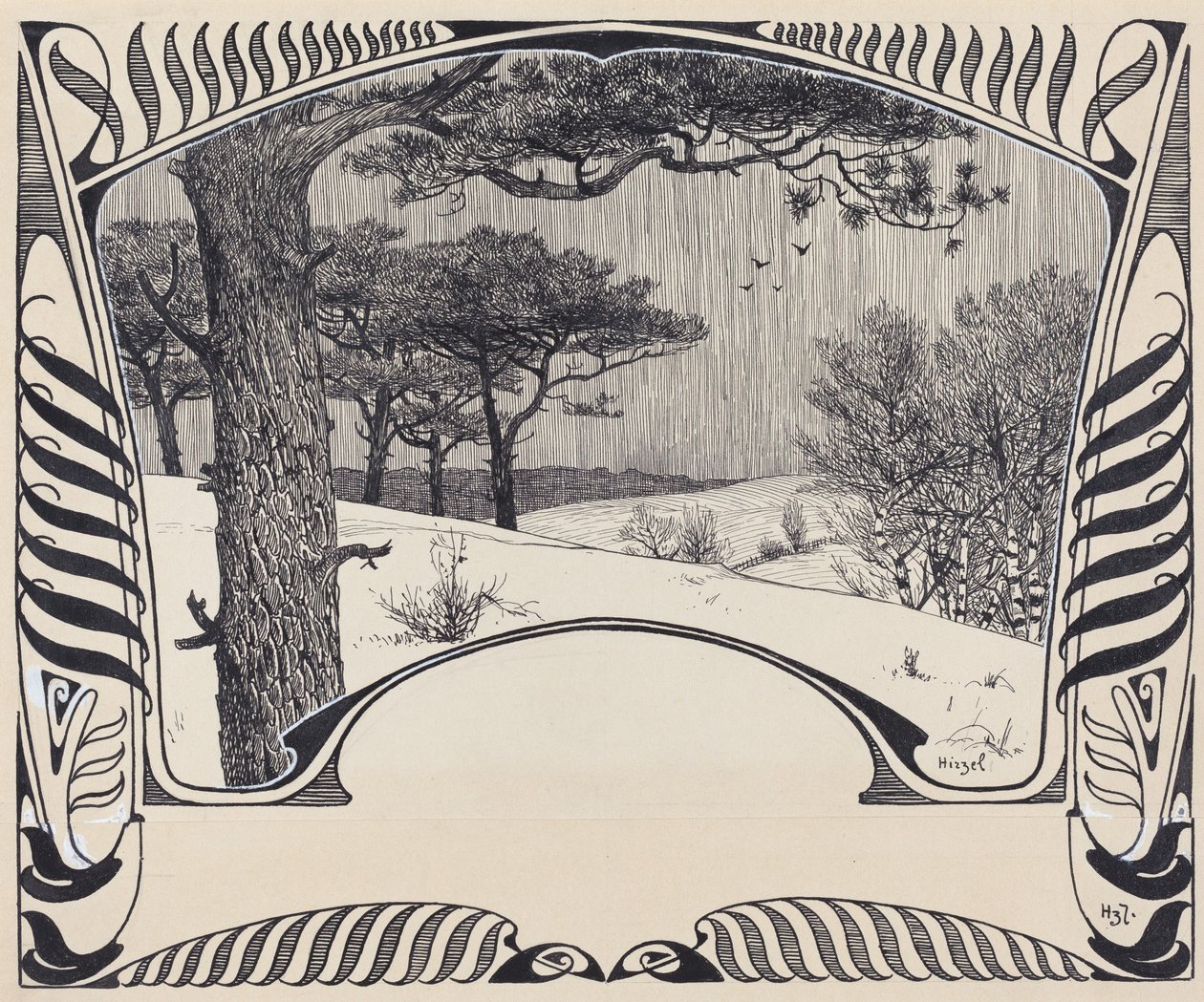 Eine Winterlandschaft innerhalb eines Jugendstilrahmens von Hermann Hirzel