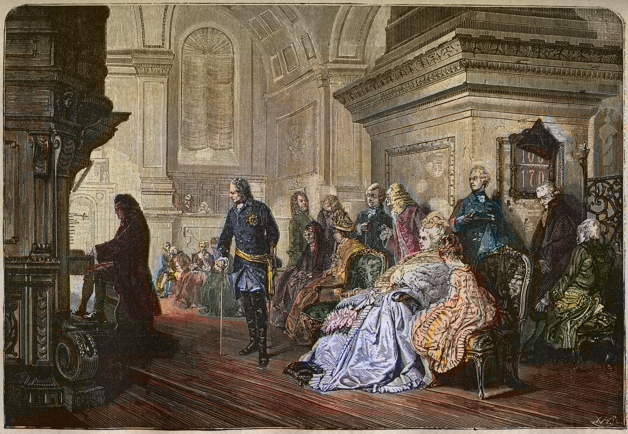 Der König von Preußen Friedrich II. der Große (1712-1786) hört dem Komponisten Johann Sebastian Bach beim Spielen zu, Gravur nach einem Gemälde von Kaulbach - Friedrich II. der Große, König von Preußen, hört Johann Sebastian Bach an der Orgel in Sanssouci  von Hermann Kaulbach