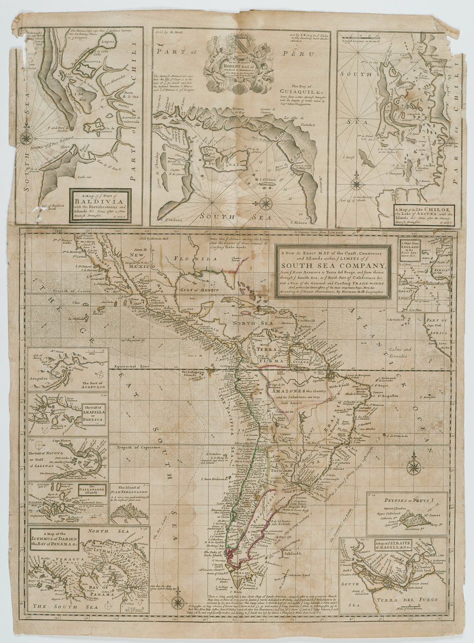 Eine neue und genaue Karte der Küstenländer und Inseln innerhalb der Grenzen der South Sea Company von Hermann Moll