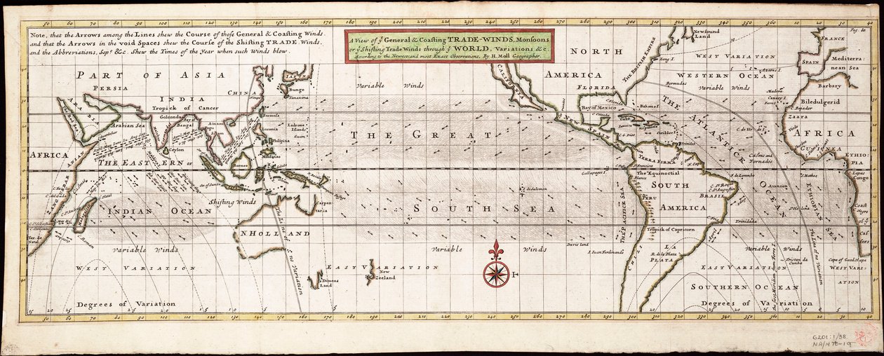 Ansicht der allgemeinen und Küstenwinde, Monsune oder wechselnden Winde durch die Welt, Variationen... nach den neuesten und genauesten Beobachtungen, ca. 1715 von Hermann Moll
