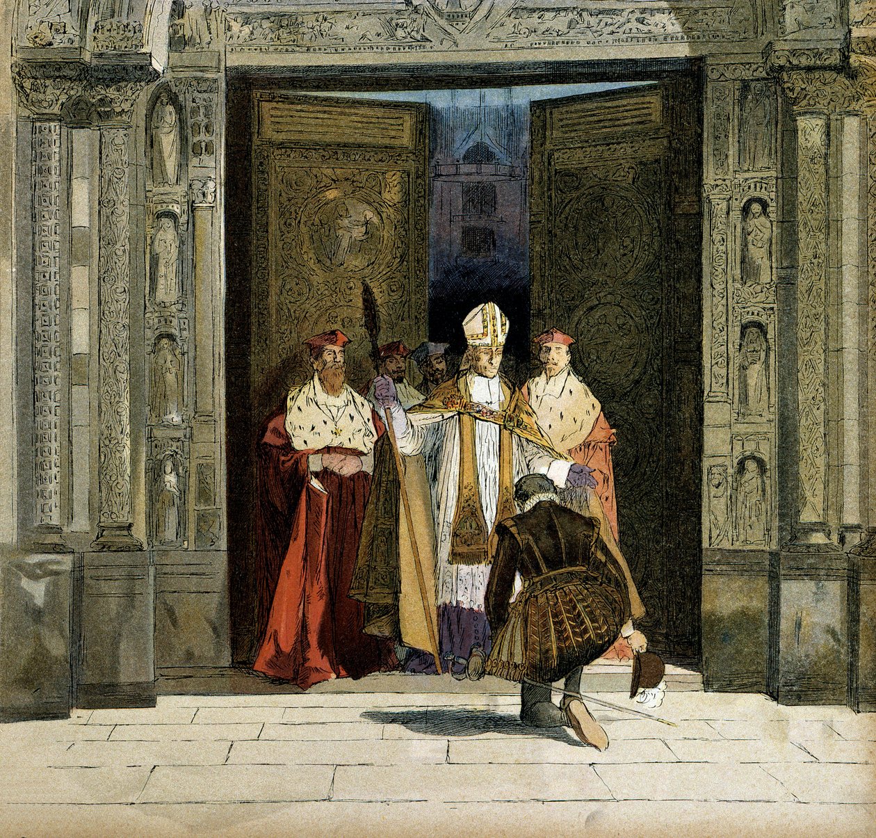 Abschwörung von Heinrich IV. (1553-1610) in der Abtei von Saint Denis in Anwesenheit des Erzbischofs von Bourges, Renaud de Beaune (1527-1606). Der König schwört am 25. Juli 1593 dem Protestantismus ab von Hermann Vogel