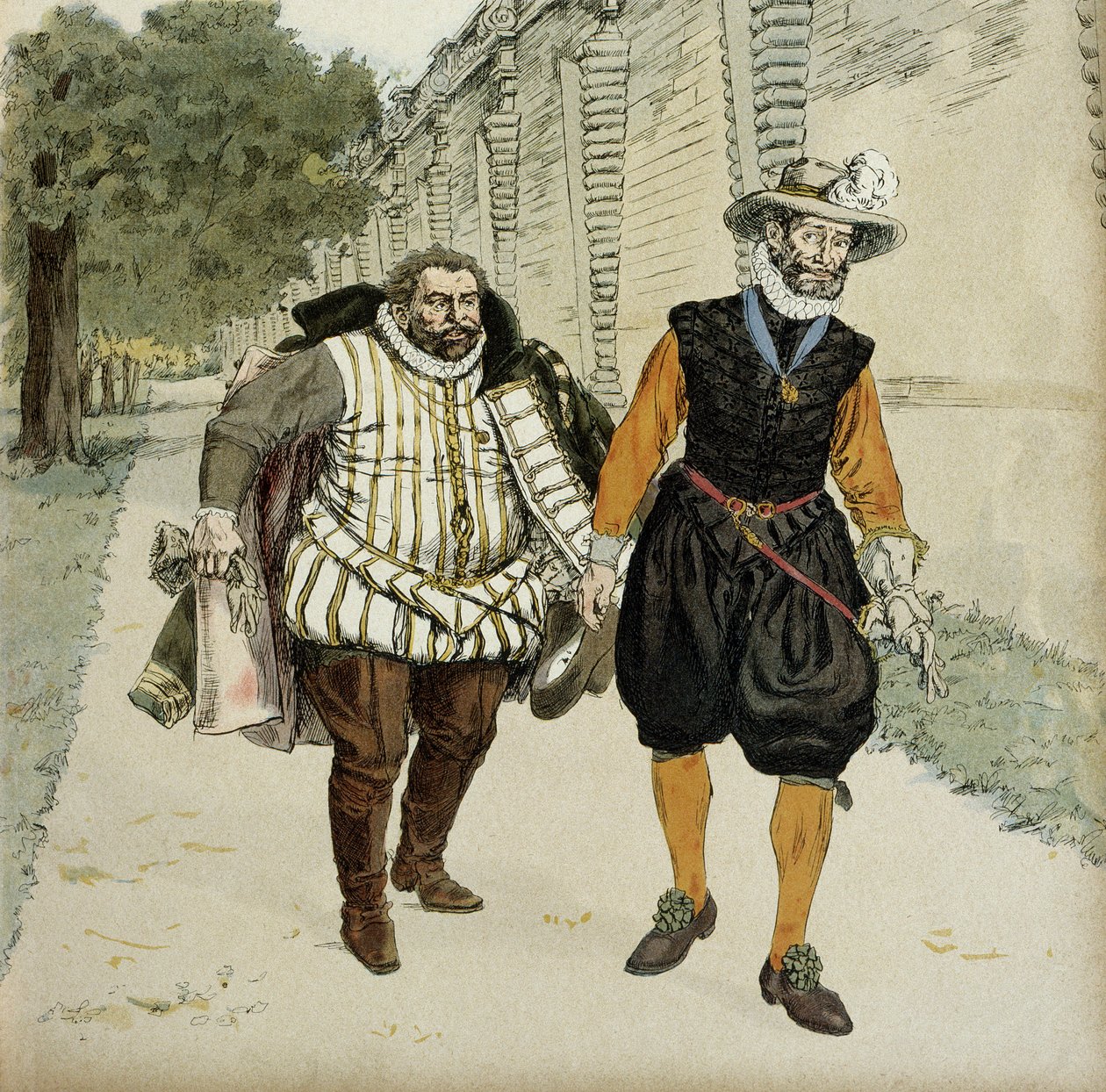 Heinrich IV. (1553-1610) und Charles de Lorraine, Herzog von Mayenne (1554-1611). Erstes versöhnliches Treffen zwischen den beiden Feinden, Mayenne, Anführer der Ligue, und dem König, in den Gärten des Schlosses von Montceaux in der Brie im Jahr 1596. Illu von Hermann Vogel