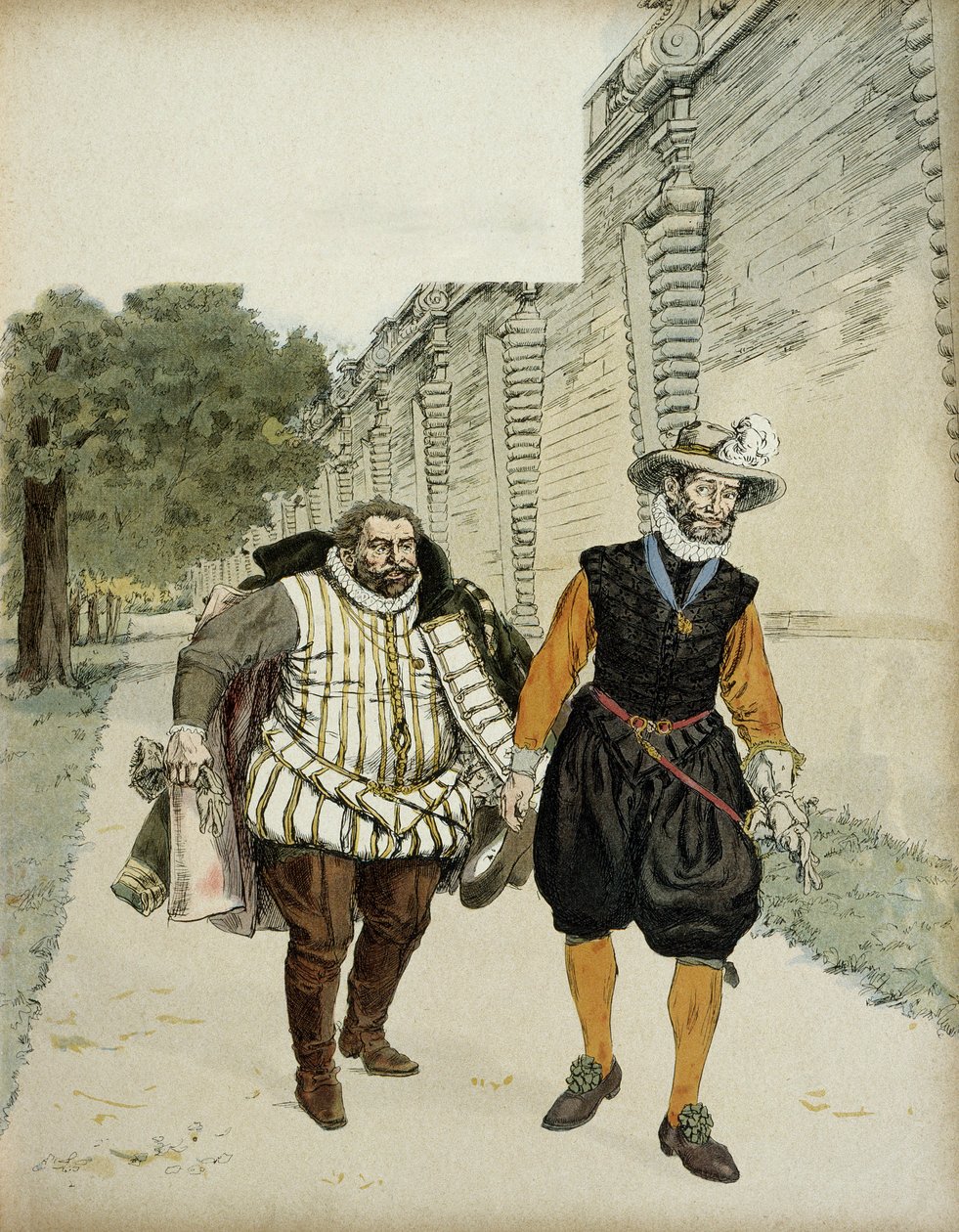 Heinrich IV. (1553-1610) und Charles de Lorraine, Herzog von Mayenne (1554-1611). Erstes versöhnliches Treffen zwischen den beiden Feinden, Mayenne, Anführer der Liga und dem König, in den Gärten des Schlosses von Montceaux, in der Brie, im Jahr 1596. Illu von Hermann Vogel