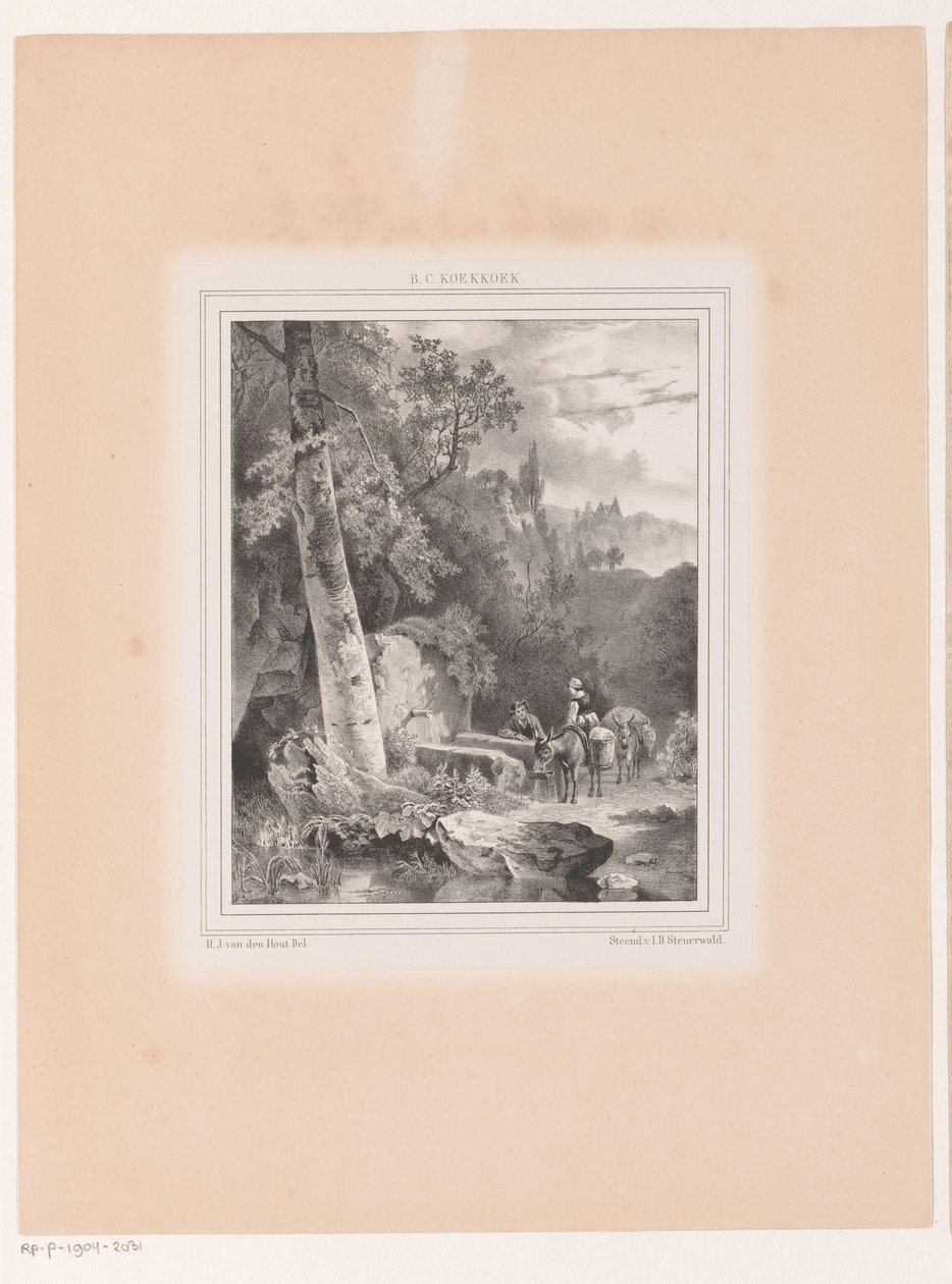 Landschaft mit Mann, Frau und zwei Eseln an einer Quelle von Hermanus Johannes van den Hout