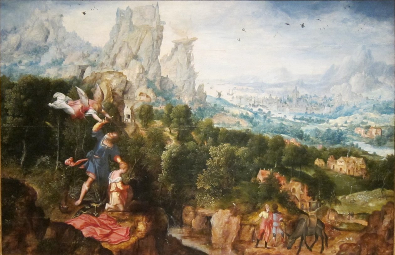 Als Abraham seine Hand erhebt, um Isaak zu töten, hält ein Engel Abrahams Hand zurück (Genesis 22:10) von Herri met de Bles