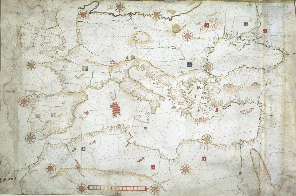 Karte des Mittelmeers, des Schwarzen Meeres und des nordöstlichen Atlantiks von Hieronymus Verrazano