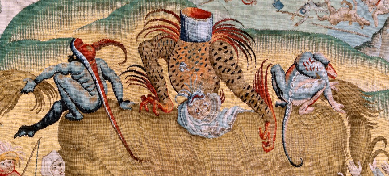 Serie Vier Wandteppiche nach Hieronymus Bosch. Drangsale des menschlichen Lebens. Dritter Wandteppich der Serie. Modell inspiriert von Hieronymus Bosch. Unbekannte Werkstatt, Brüssel. Vor 1560. von Hieronymus (after) Bosch