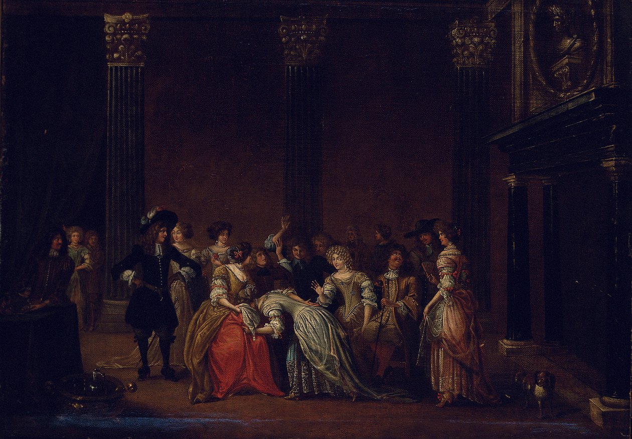 Eine elegante Gesellschaft in einem Innenraum mit einem Ehestreit von Hieronymus (follower of) Janssens