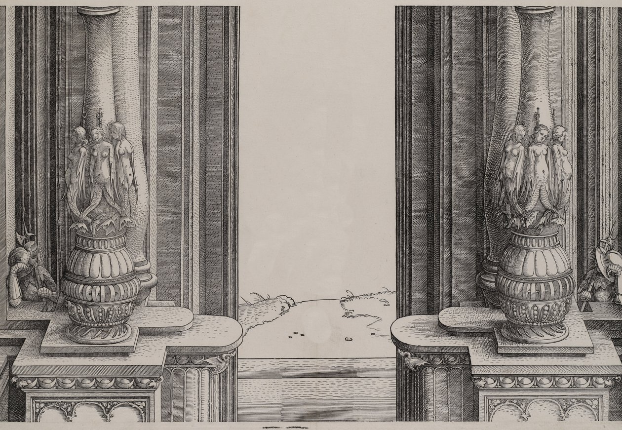 Der mittlere Abschnitt des Eingangs zum zentralen Portal, die Säulen dekoriert mit Sirenen ..., 1515 von Hieronymus Andreae