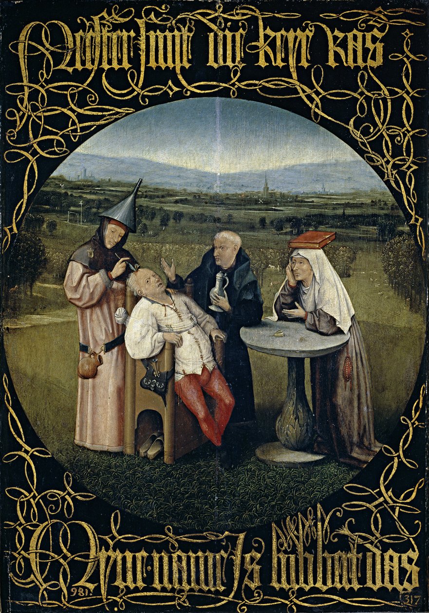 Die Heilung des Wahnsinns, Entfernung des Steins des Wahnsinns, zwischen 1488 und 1516 von Hieronymus Bosch