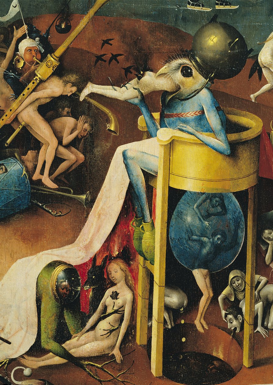 Der Garten der Lüste: Hölle, rechte Flügel des Triptychons, Detail des blauen Vogelmanns auf einem Hocker, ca. 1500 (Detail) von Hieronymus Bosch