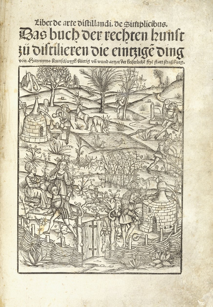 Titelseite, die Kräuterdestillerien mit Figuren in einer Landschaft darstellt von Hieronymus Brunschwig