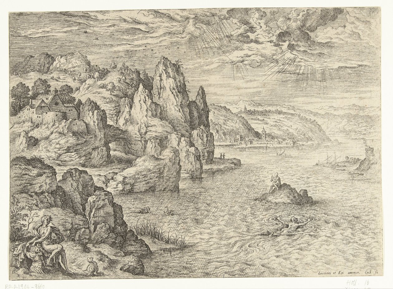 Küstenlandschaft mit Hero und Leander (Landschaften mit biblischen und mythologischen Szenen) von Hieronymus Cock