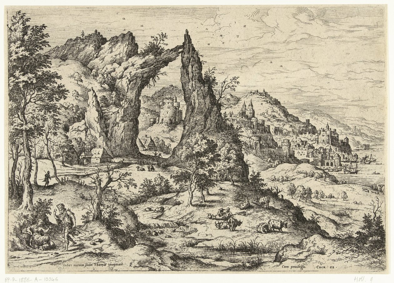 Juda und Tamar (Serie: Landschaften mit biblischen und mythologischen Szenen) von Hieronymus Cock