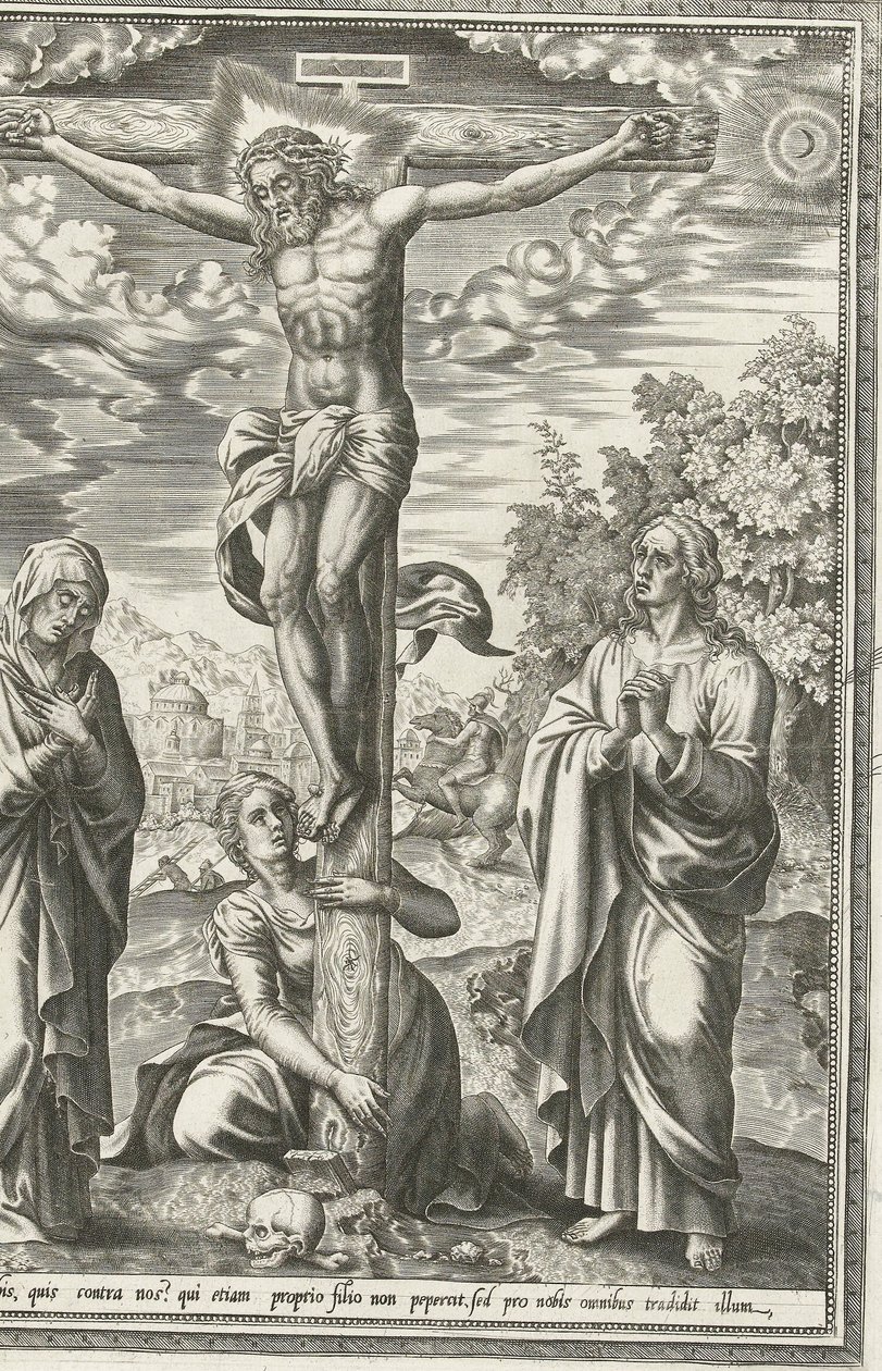 Kreuzigung mit Maria, Johannes dem Täufer und Maria Magdalena von Hieronymus Cock