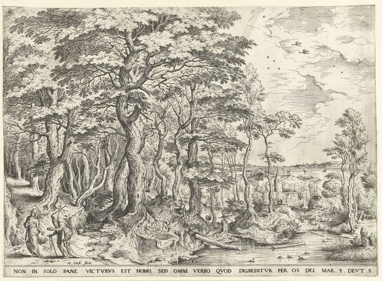 Landschaft mit der Versuchung Christi von Hieronymus Cock