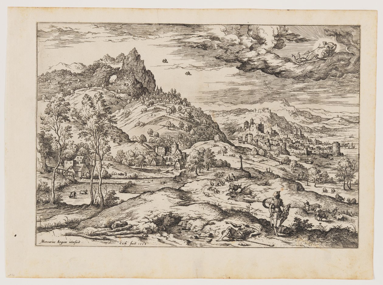 Merkur mit dem Kopf des Argus in der Hand, aus Landschaften mit biblischen und mythologischen Szenen von Hieronymus Cock