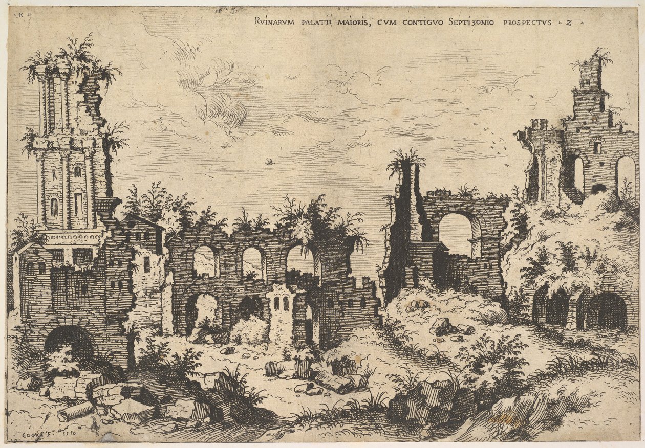 Ansicht der Ruinen auf dem Palatin-Hügel mit Trabeatenfassade links und Arkaden in der Mitte, 1550 von Hieronymus Cock