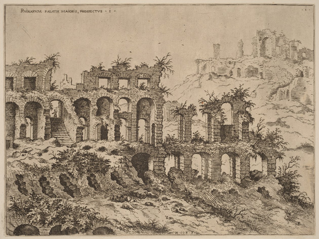 Ansicht des Kolosseums mit dem Palatin im Hintergrund von Hieronymus Cock