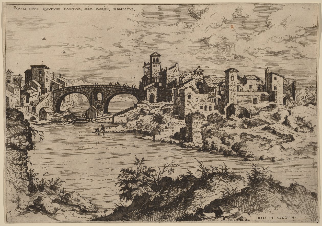 Ansicht der Ponte Quattro Capi und der Insel Tiber von Hieronymus Cock
