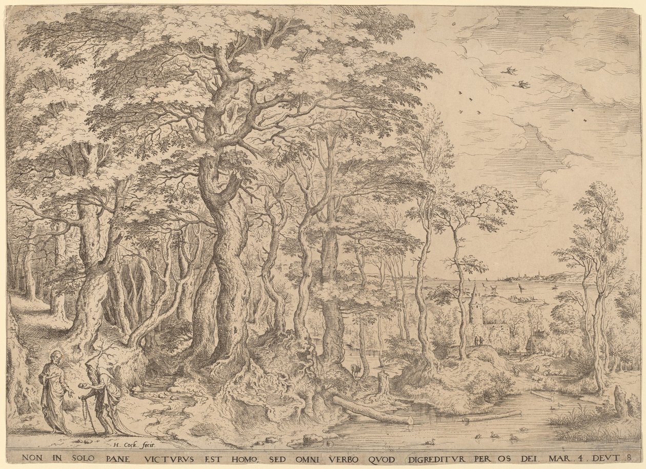 Landschaft mit der Versuchung Christi von Hieronymus Cock after Pieter Bruegel the Elder