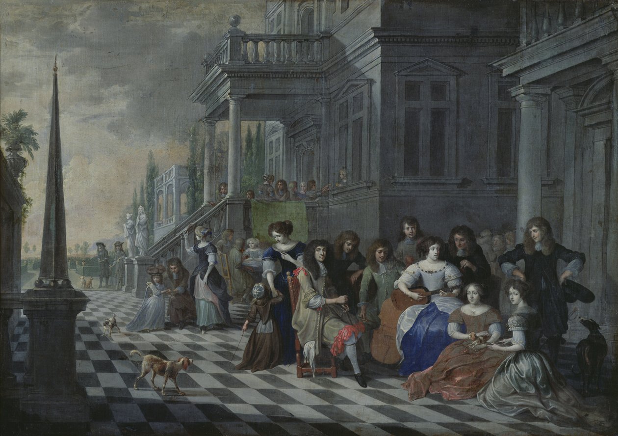 Figuren, die vor einem Palast Musik machen, 1672 von Hieronymus Janssens