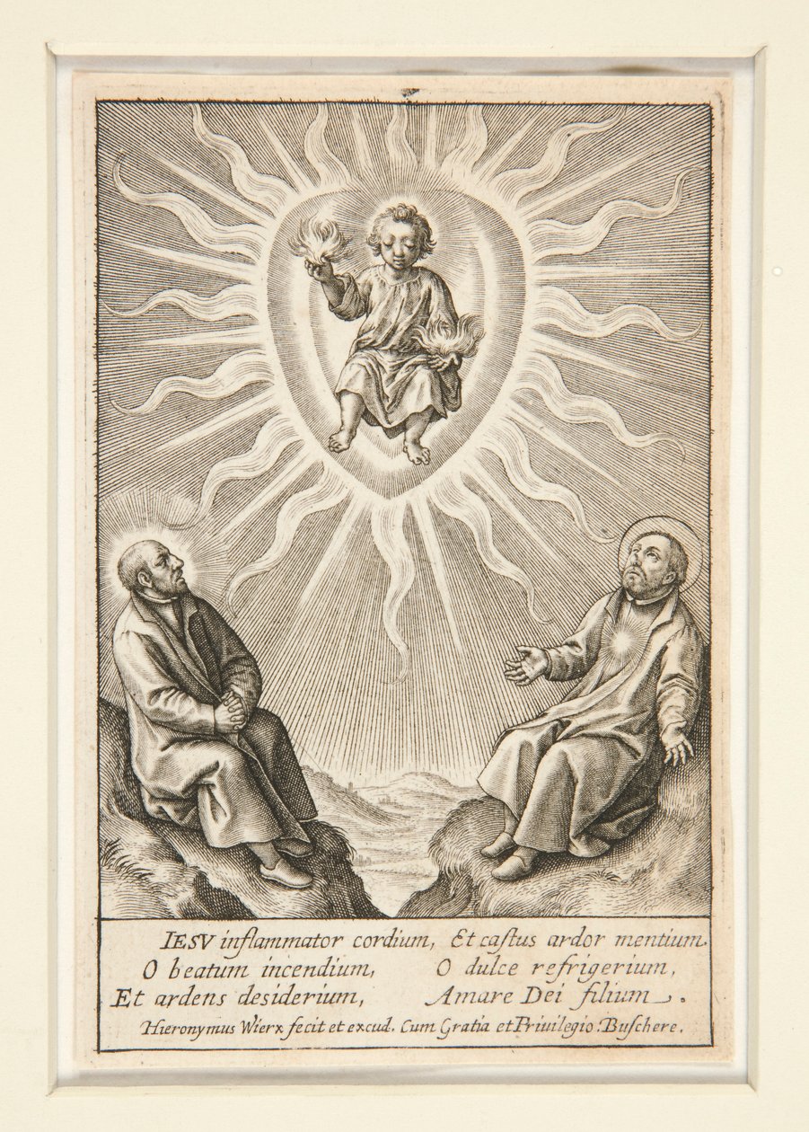 Das Kind mit einem flammenden Herzen zwischen Ignatius von Loyola und Franz Xaver von Hieronymus Wierix