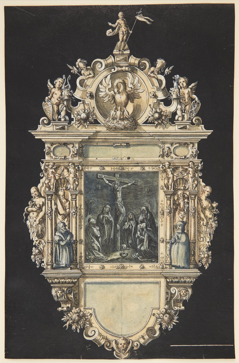Entwurf für ein Epitaph mit der Kreuzigung Christi. Ein reich verzierter Rahmen mit zahlreichen Figuren von Hieronymus Wierix