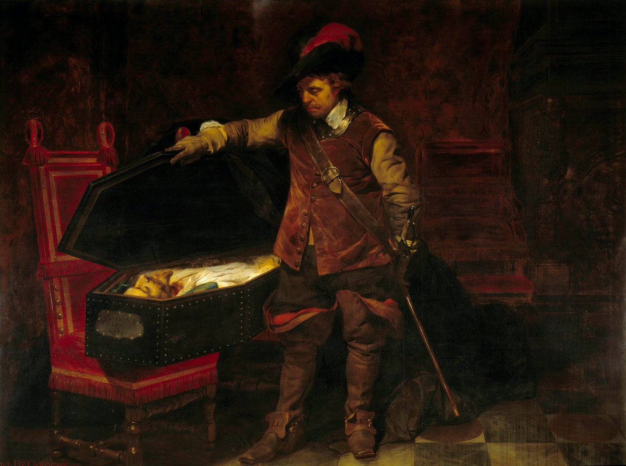 Cromwell vor dem Sarg von Charles I. Stuart (1649). Oliver Cromwell (1599-1658) setzte den Prozess gegen den König von England durch, der am 9. Februar verurteilt und hingerichtet wurde von Paul Delaroche