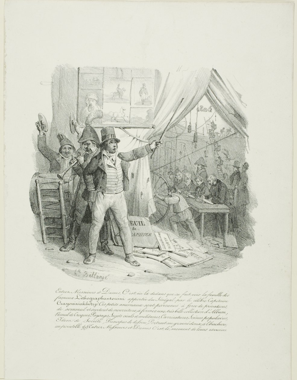 Kommen Sie herein, meine Damen und Herren, drinnen sehen Sie die berühmte Lithographantoccini-Familie... Frontispiz für "Album von 1824" von Hippolyte Bellange