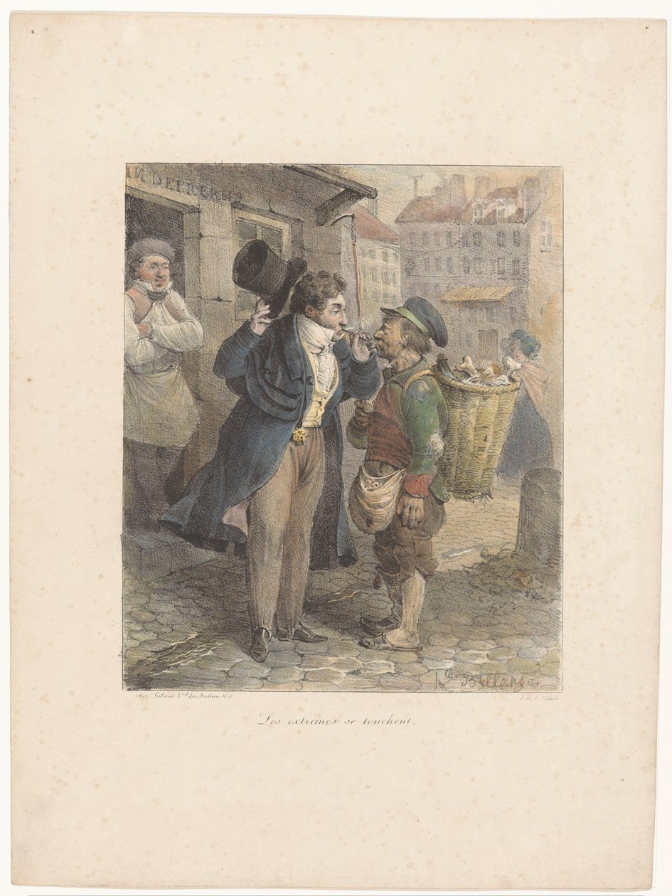 Vornehmer Herr zündet seine Zigarre an der Pfeife eines Arbeiters in Lumpen an von Hippolyte Bellange