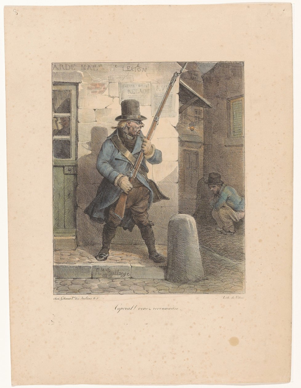 Soldat ruft Korporal, der auf der Straße sein Geschäft verrichtet von Hippolyte Bellange