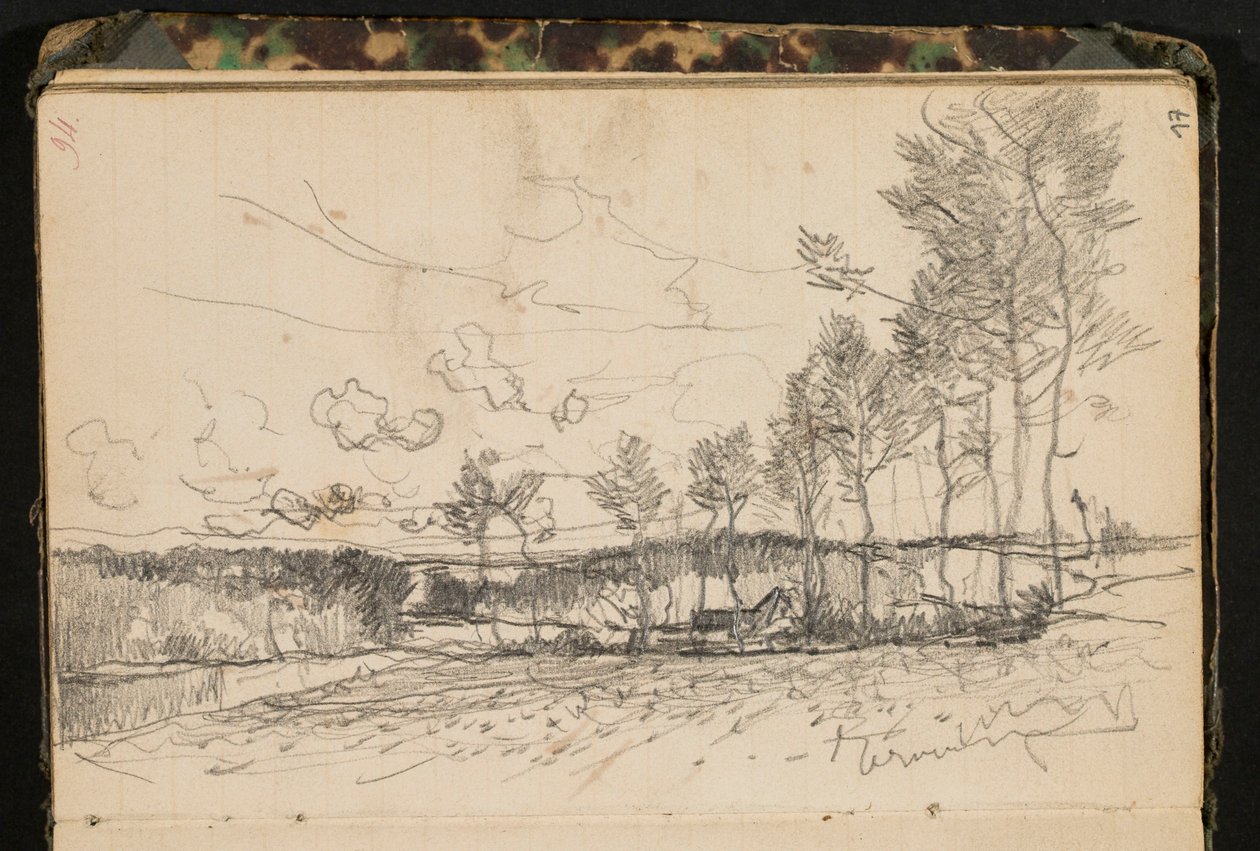 Landschaft mit Bäumen und einem Bauernhof (Seite aus einem Skizzenbuch) von Hippolyte Boulenger