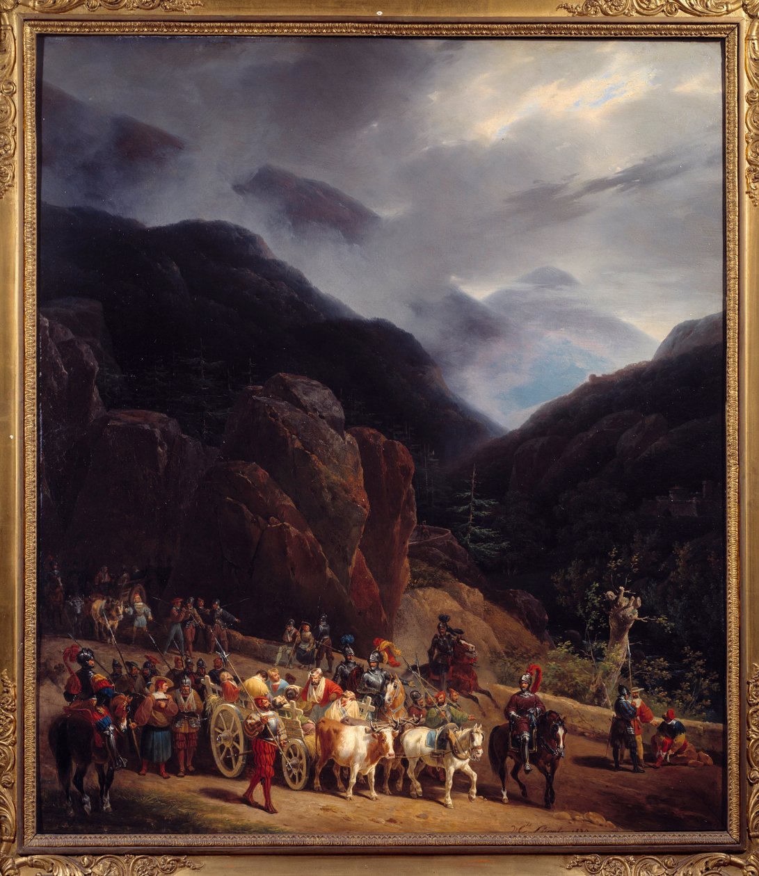 Die Rückkehr der Schlacht von Marignan. Armeen von Franz I. kehren von Marignan (Maregnano) am 14.09.1515 zurück. Gemälde von Hippolyte Lecomte (1781-1857) 1829. 0,54x0,65 m Bourg En Bresse. Brou-Museum von Hippolyte Lecomte