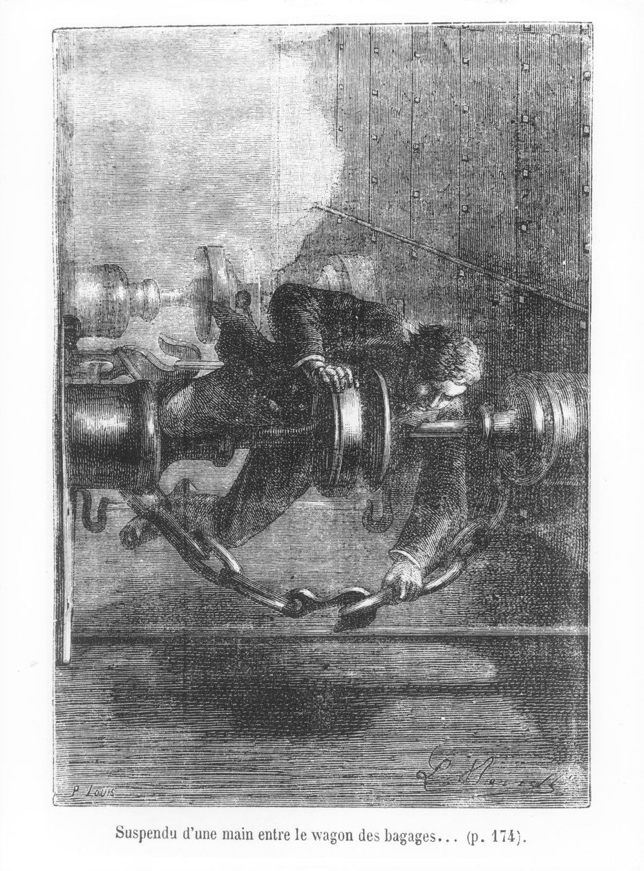 Mit einer Hand zwischen dem Gepäckwagen hängen, Illustration aus 