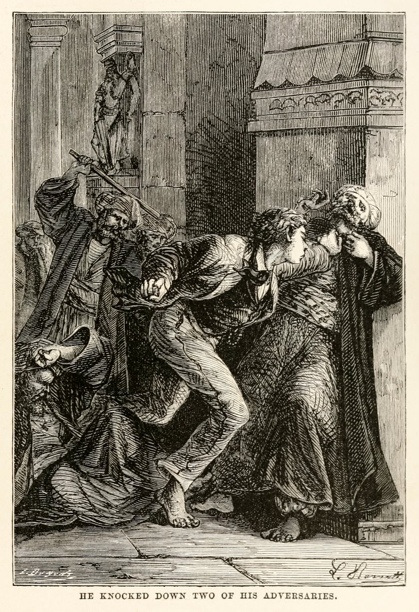 Er schlug zwei seiner Gegner nieder, aus In 80 Tagen um die Welt von Jules Verne, graviert von Louis Dumont, 1873 von Hippolyte Leon Benett