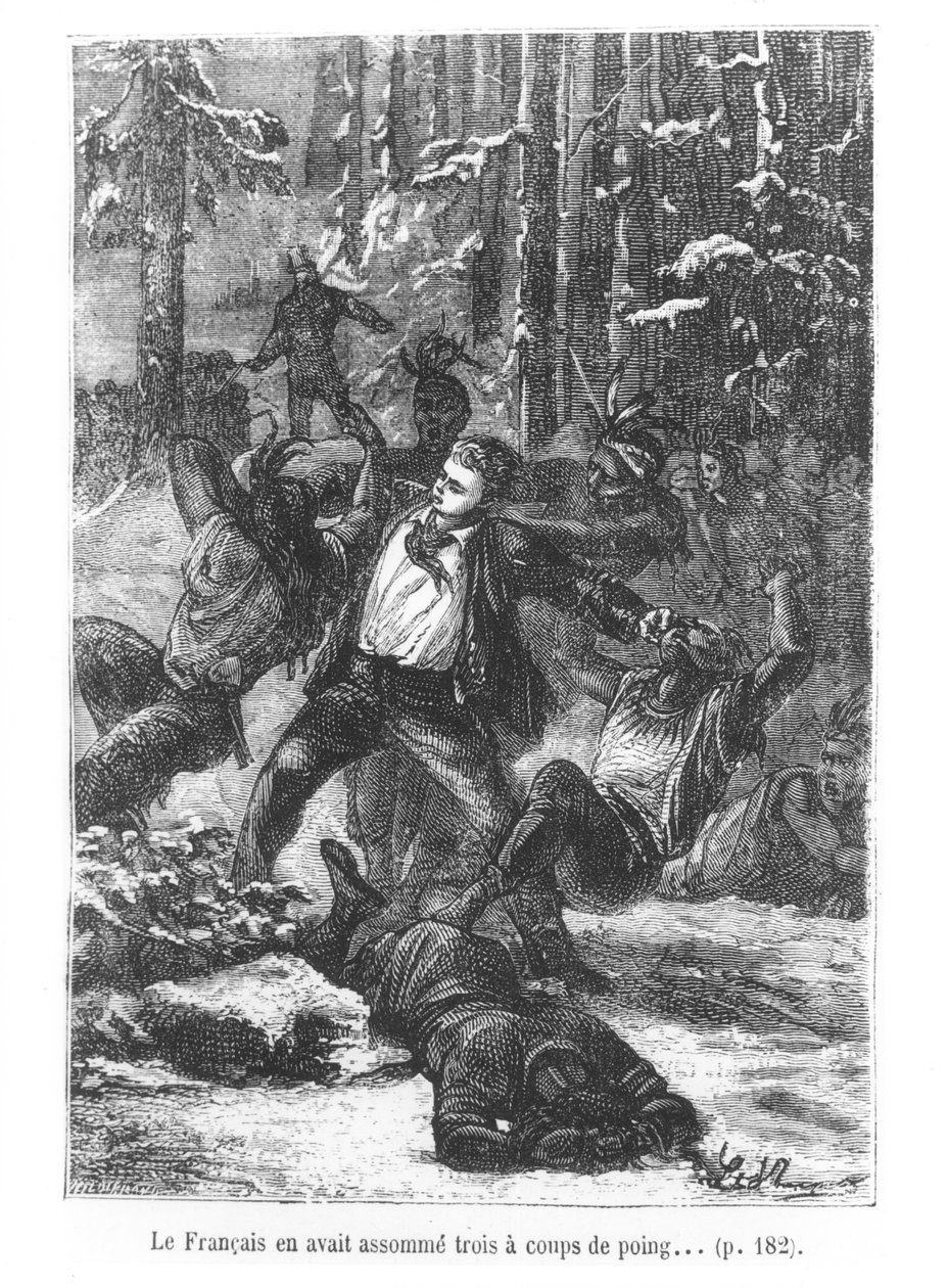 Der Franzose konnte drei von ihnen mit einem Schlag flachlegen, Illustration aus In 80 Tagen um die Welt von Jules Verne, graviert von Henri Theophile Hildibrand, 1873 von Hippolyte Leon Benett