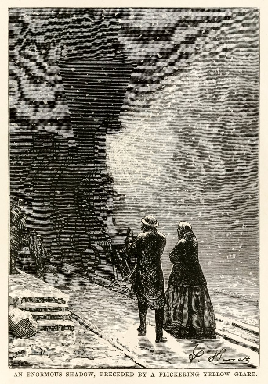 Ein riesiger Schatten, begleitet von einem flackernden gelben Schein, aus In 80 Tagen um die Welt von Jules Verne (1828-1905) graviert von Adolphe François Pannemaker (1822-1900), 1873 von Hippolyte Leon after Benett