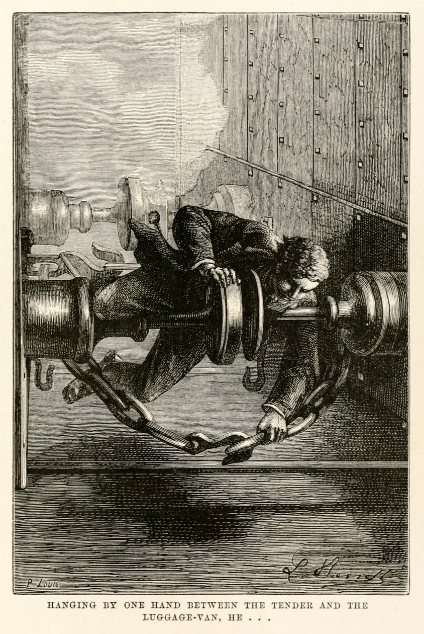 Mit einer Hand zwischen dem Tender und dem Gepäckwagen hängend, aus In 80 Tagen um die Welt von Jules Verne (1828-1905) graviert von Louis, 1873 von Hippolyte Leon after Benett