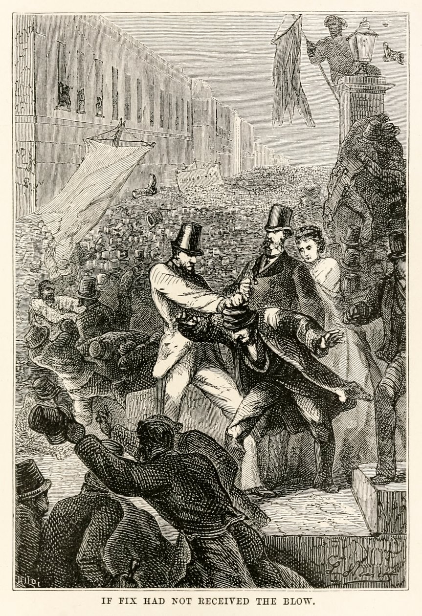 Wenn Fix den Schlag nicht erhalten hätte, aus In 80 Tagen um die Welt von Jules Verne (1828-1905) graviert von Henri-Théophile Hildebrand (1824-97), 1873 von Hippolyte Leon after Benett