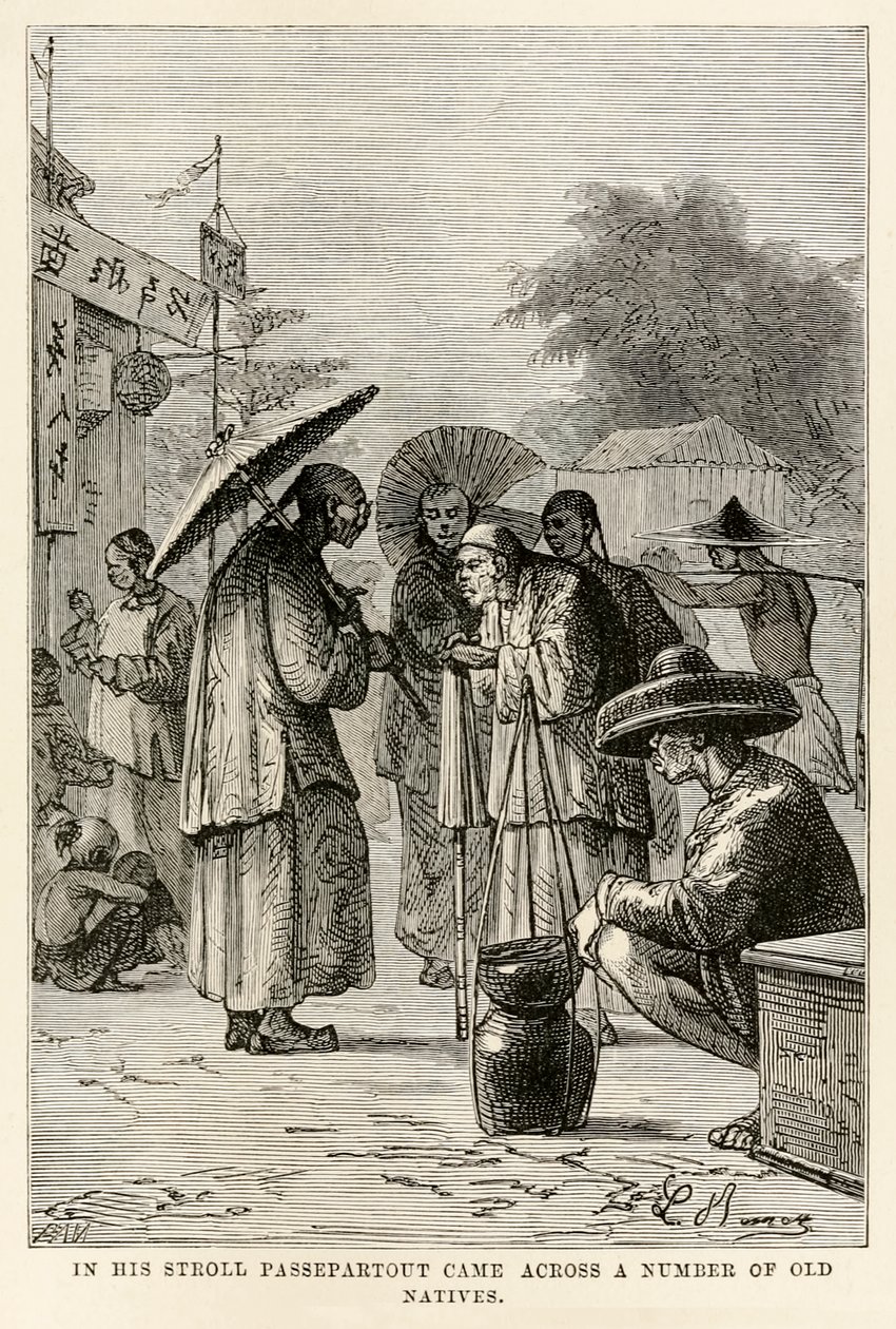 Bei seinem Spaziergang stieß Passepartout auf eine Reihe alter Einheimischer, aus In 80 Tagen um die Welt von Jules Verne (1828-1905), graviert von Adolphe François Pannemaker (1822-1900), 1873 von Hippolyte Leon after Benett