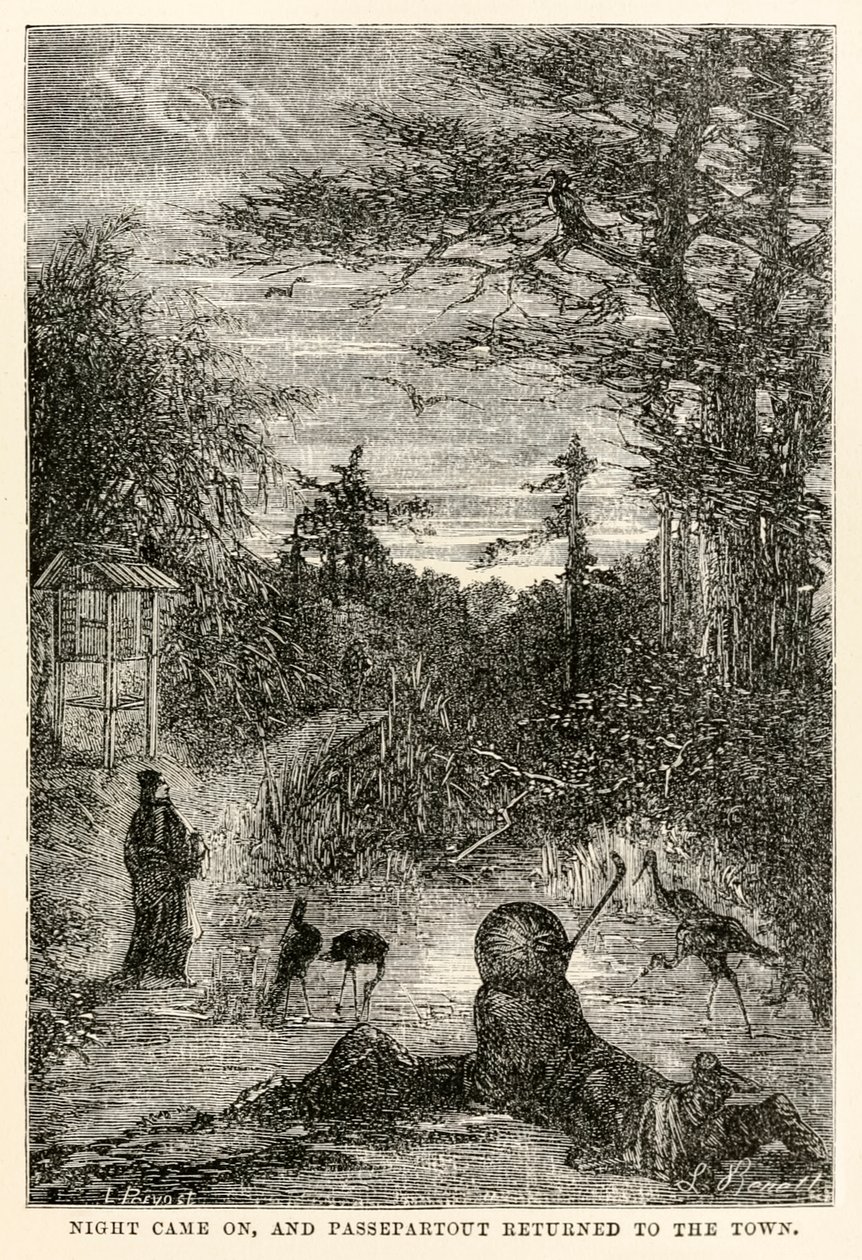 Die Nacht brach herein, und Passepartout kehrte in die Stadt zurück, aus In 80 Tagen um die Welt von Jules Verne (1828-1905), graviert von Louis Prevost, 1873 von Hippolyte Leon after Benett