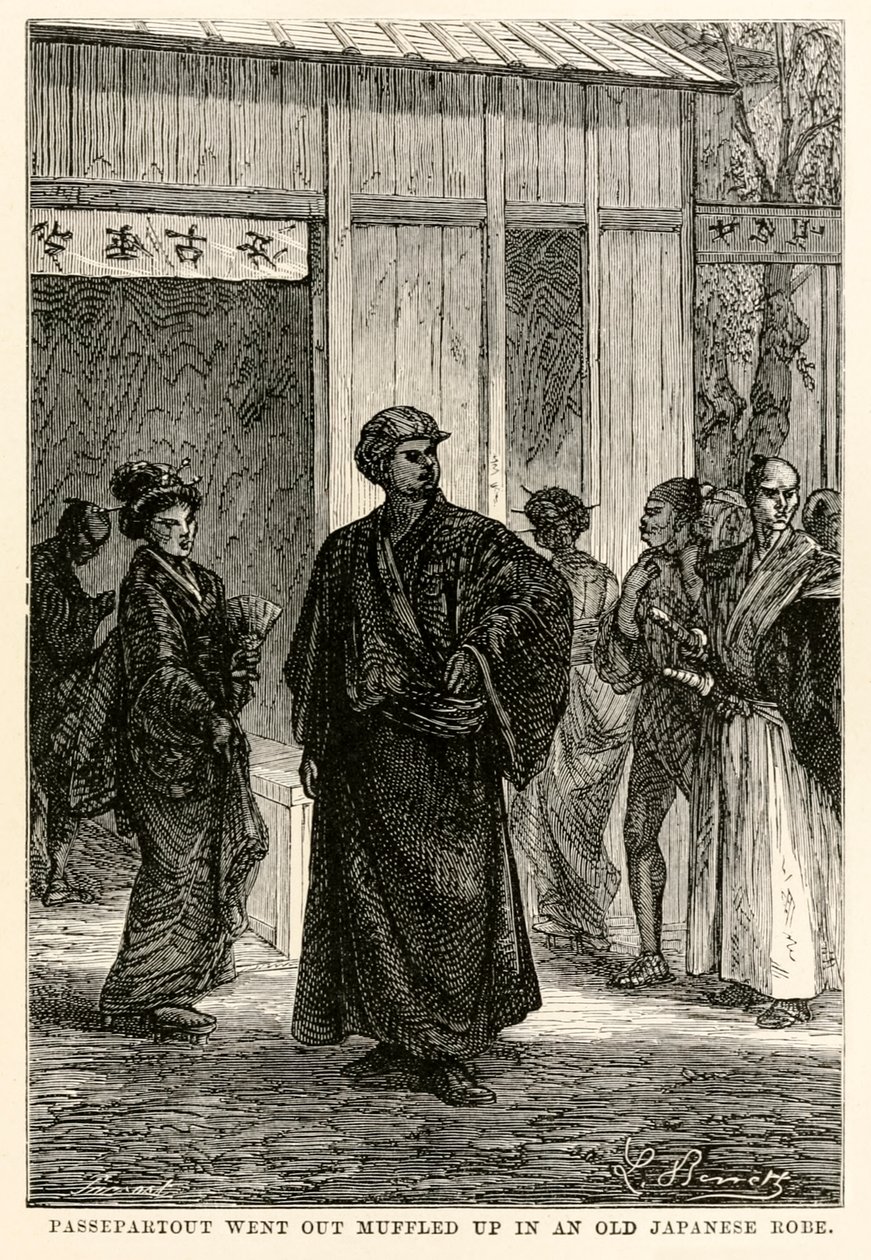 Passepartout ging in einem alten japanischen Gewand eingehüllt hinaus, aus In 80 Tagen um die Welt von Jules Verne (1828-1905), graviert von Louis Prevost, 1873 von Hippolyte Leon after Benett