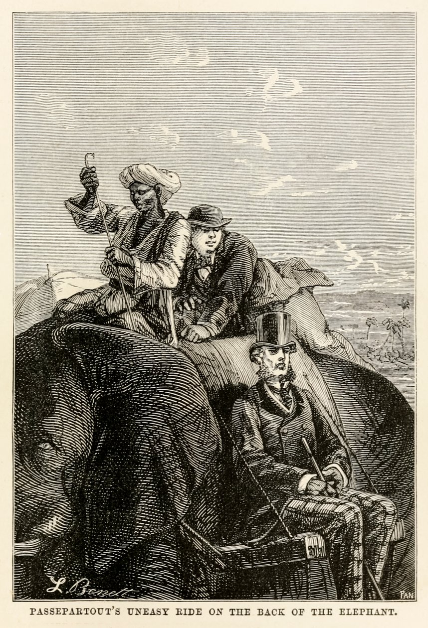 Passepartouts unruhige Fahrt auf dem Rücken des Elefanten, aus In 80 Tagen um die Welt von Jules Verne, graviert von Adolphe François Pannemaker, 1873 von Hippolyte Leon after Benett